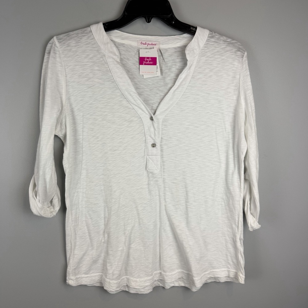 Fresh Produce White Henley Top Large NWT 100% Cotton Roll Tab Sleeve USA